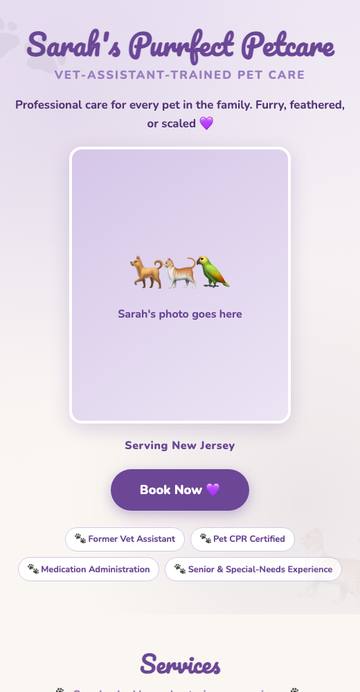 Sarah's Purrfect Petcare website